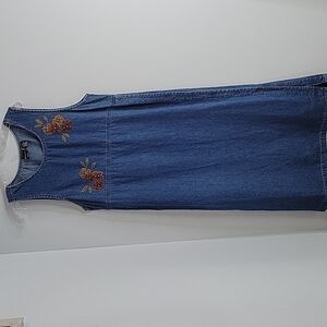 ERIKA Sleeveless Denim Jean Maxi Dress Fall leaves embroidered beads Size Medium